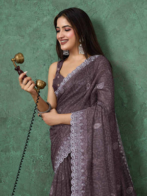 Brown Cotton Banarasi Printed Saree With Thread Embroidery Scalloping Saree With Blouse Piece