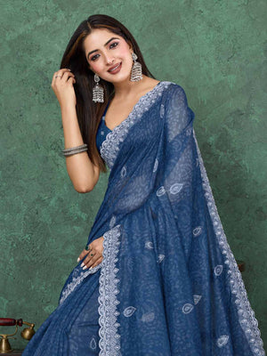 Indigoblue Cotton Banarasi Printed Saree With Thread Embroidery Scalloping Saree With Blouse Piece