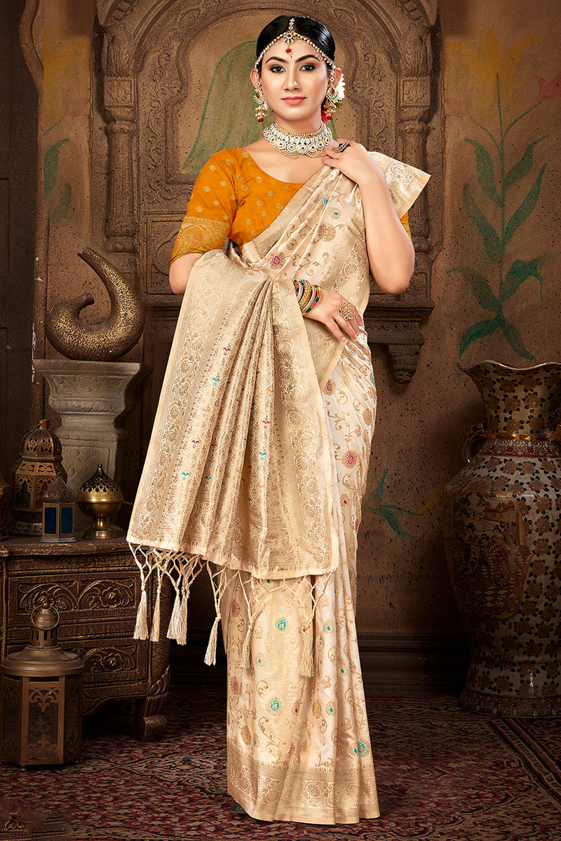 Cream Woven Design Silk Blend Saree With Unstitched Blouse Piece