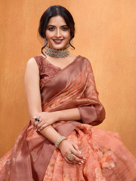 Orange Cotton Blend Saree With Blouse Piece Orange Cotton Blend Saree With Blouse Piece