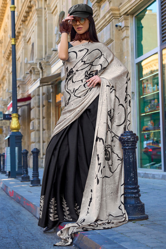Black & White Satin Silk Saree With Blouse Piece Black & White Satin Silk Saree With Blouse Piece