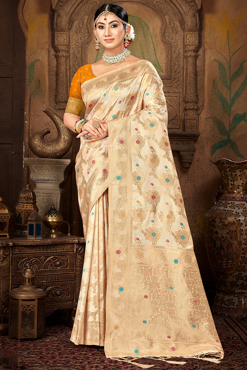Women's Silk Blend Cream Woven Design Celebrity Saree With Blouse Piece