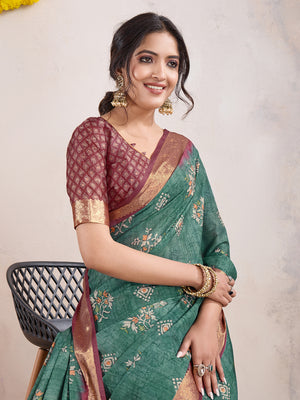 Teal Poly Crepe Festive Wear Saree With Blouse Piece