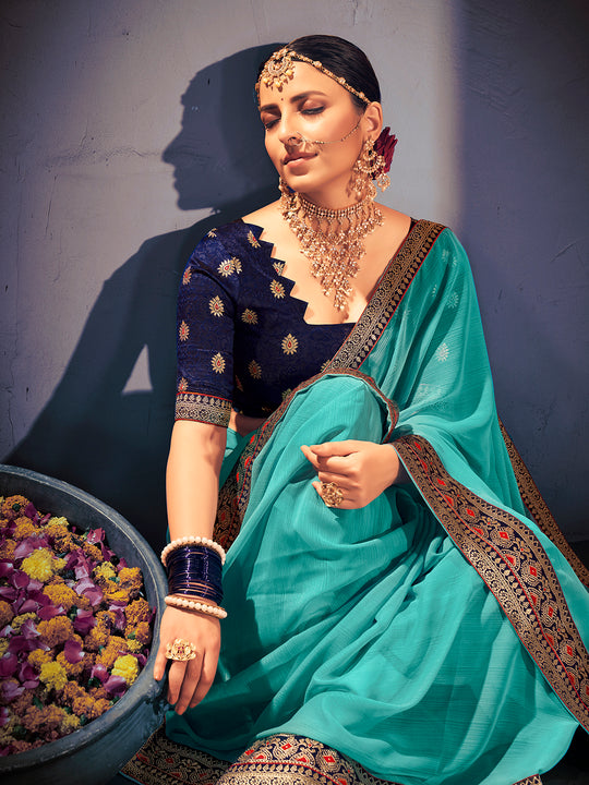 Turquoise Blue Georgette Ready To Wear Saree With Blouse Piece Turquoise Blue Georgette Ready To Wear Saree With Blouse Piece