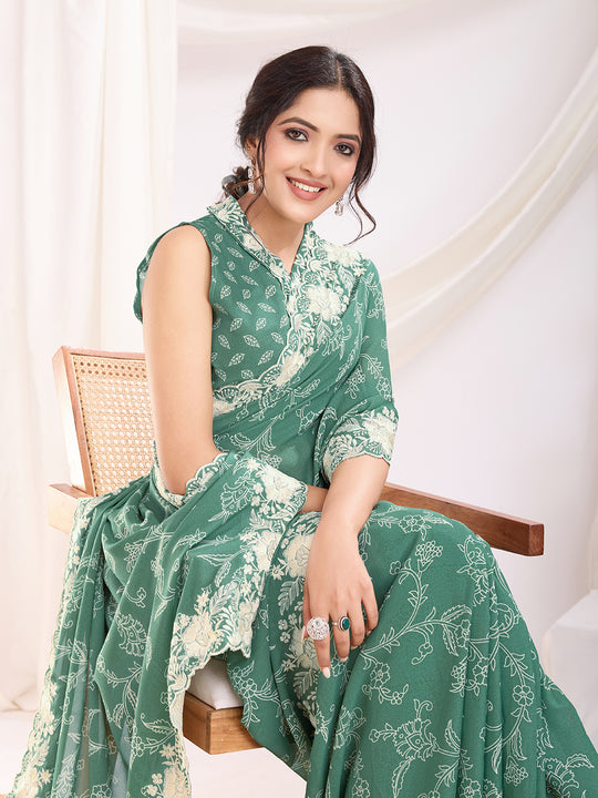 Sea Green Poly Georgette Festive Wear Saree With Blouse Piece Sea Green Poly Georgette Festive Wear Saree With Blouse Piece