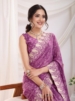 Purple Poly Georgette Festive Wear Saree With Blouse Piece