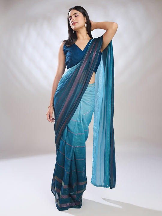 Blue Silk Blend Ready To Wear Saree With Blouse Piece Blue Silk Blend Ready To Wear Saree With Blouse Piece
