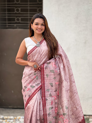 Pink Digital Printed Silk Saree With Blouse Piece