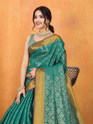 Seagreen Ikkat Woven Kajeevaram Silk Rich Pallu With Blouse Piece