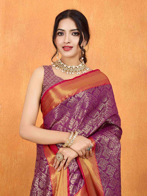 Cherrypink Yellow Ikkat Woven Kajeevaram Silk Rich Pallu With Blouse Piece