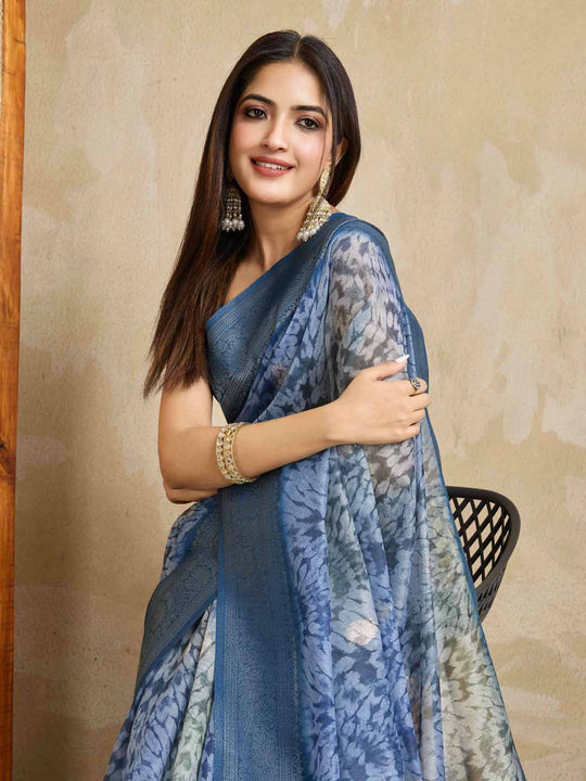 Indigoblue Pure Cotton Tie And Dye Printed Banarasi Rich Pallu Saree With Zari Tassels Saree With Blouse Piece Indigoblue Pure Cotton Tie And Dye Printed Banarasi Rich Pallu Saree With Zari Tassels Saree With Blouse Piece