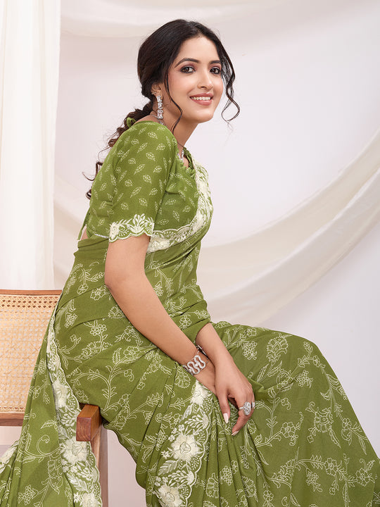 Olive Poly Georgette Festive Wear Saree With Blouse Piece Olive Poly Georgette Festive Wear Saree With Blouse Piece