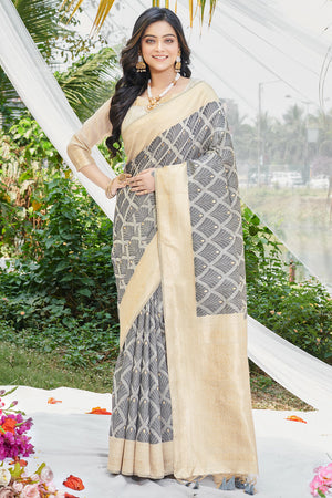 Grey Cotton Thread Work Saree With Blouse Piece