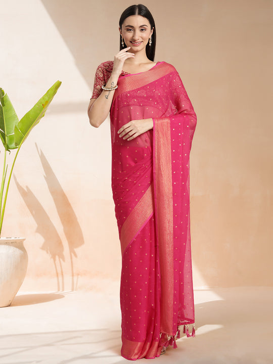 Fuchsia Chiffon Ready To Wear Saree With Blouse Piece Fuchsia Chiffon Ready To Wear Saree With Blouse Piece