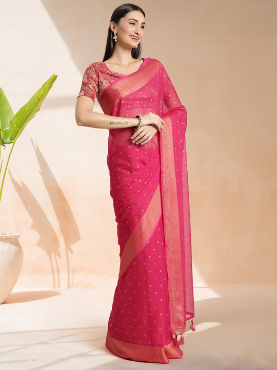 Fuchsia Chiffon Ready To Wear Saree With Blouse Piece Fuchsia Chiffon Ready To Wear Saree With Blouse Piece