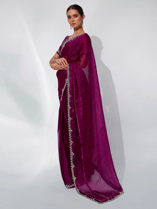Burgundy Organza Party Wear Saree With Blouse Piece Burgundy Organza Party Wear Saree With Blouse Piece