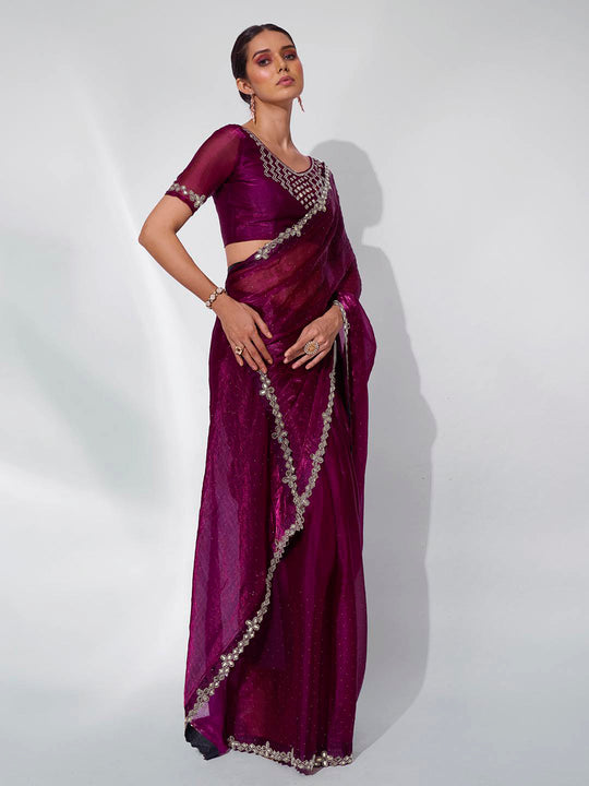 Burgundy Organza Party Wear Saree With Blouse Piece Burgundy Organza Party Wear Saree With Blouse Piece