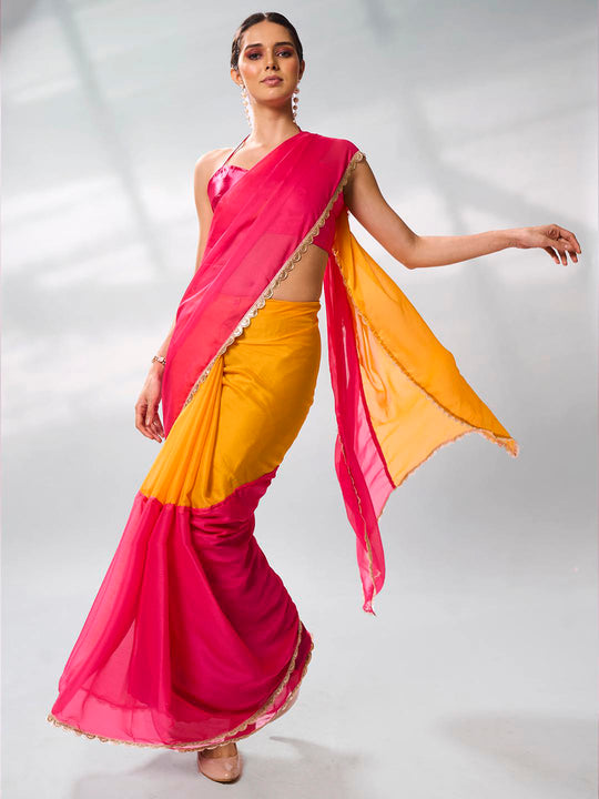 Pink & Yellow Pure Chiffon Party Wear Saree With Blouse Piece Pink & Yellow Pure Chiffon Party Wear Saree With Blouse Piece