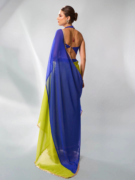 Navy Blue & Fluroscent Green Pure Chiffon Party Wear Saree With Blouse Piece Navy Blue & Fluroscent Green Pure Chiffon Party Wear Saree With Blouse Piece