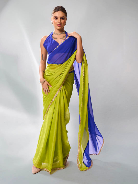 Navy Blue & Fluroscent Green Pure Chiffon Party Wear Saree With Blouse Piece Navy Blue & Fluroscent Green Pure Chiffon Party Wear Saree With Blouse Piece
