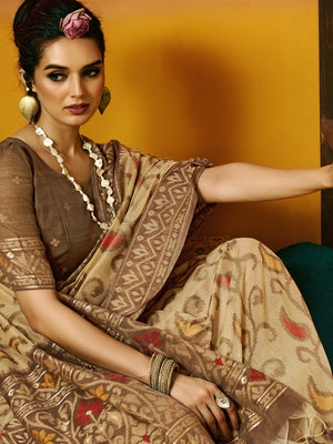 Brown Cotton Blend Jamdani Saree With Blouse Piece