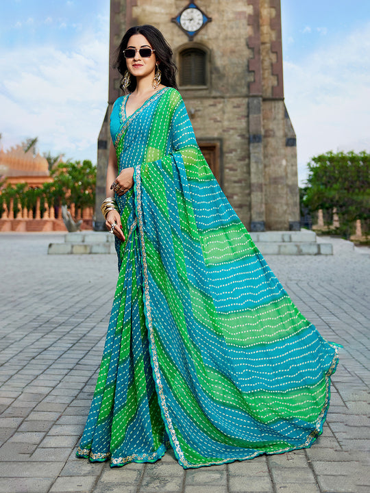 Blue & Green Georgette Embellished Saree With Blouse Piece Blue & Green Georgette Embellished Saree With Blouse Piece