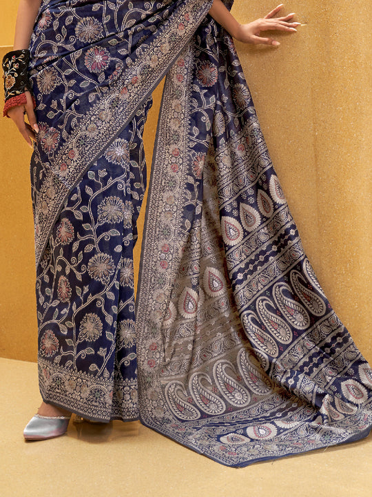 Blue Chikankari Saree With Blouse Piece Blue Chikankari Saree With Blouse Piece