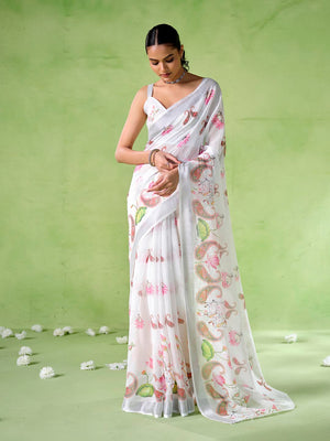 Multicolor Cotton Blend Printed Saree With Blouse Piece