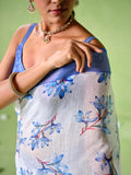 blue Cotton Blend Printed Saree With Blouse Piece blue Cotton Blend Printed Saree With Blouse Piece