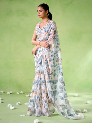 Multicolor Cotton Blend Printed Saree With Blouse Piece