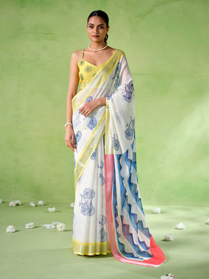 Multicolor Cotton Blend Printed Saree With Blouse Piece
