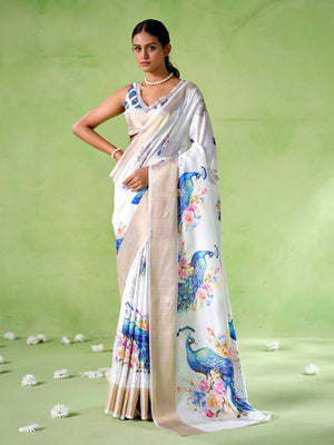 Multicolor Silk Blend Printed Saree With Blouse Piece