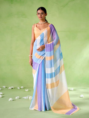 Multicolor cotton blend Printed Saree With Blouse Piece