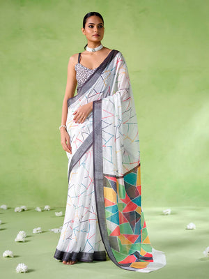 Multicolor cotton blend Printed Saree With Blouse Piece