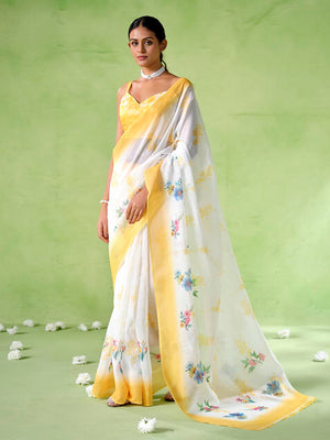 Multicolor Silk Blend Printed Saree With Blouse Piece