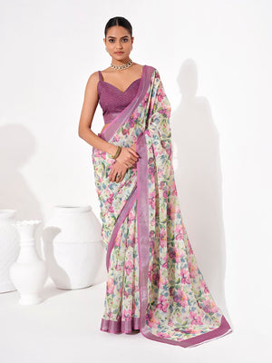 Multicolor Cotton Blend Printed Saree With Blouse Piece
