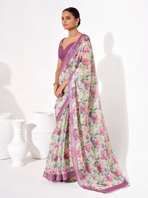 Multicolor Cotton Blend Printed Saree With Blouse Piece