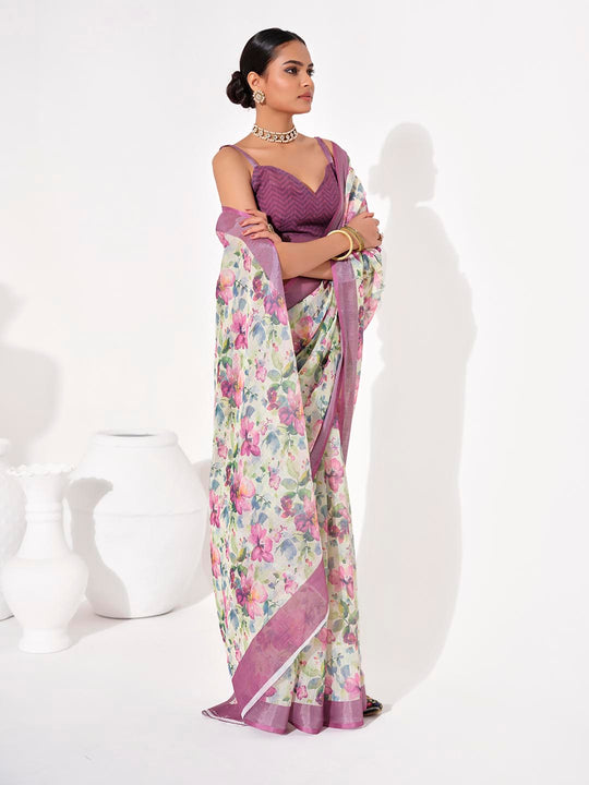 Multicolor Cotton Blend Printed Saree With Blouse Piece Multicolor Cotton Blend Printed Saree With Blouse Piece