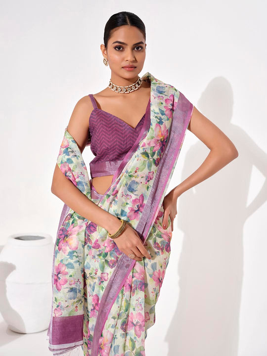 Multicolor Cotton Blend Printed Saree With Blouse Piece Multicolor Cotton Blend Printed Saree With Blouse Piece