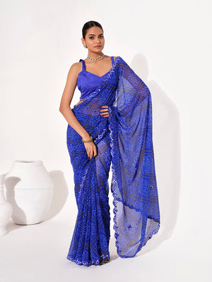 Blue Georgette Embellished Saree With Blouse Piece