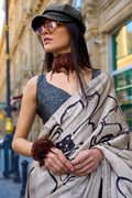 Black & White Satin Silk Saree With Blouse Piece Black & White Satin Silk Saree With Blouse Piece