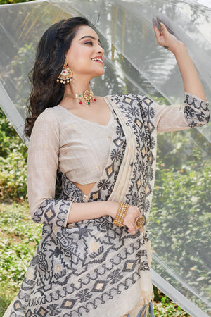 White Cotton Saree With Blouse Piece