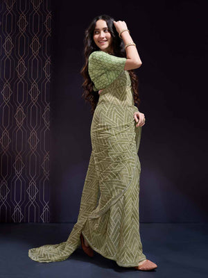 Green Georgette Swarovski Stone Embellished Printed Saree With Blouse Piece