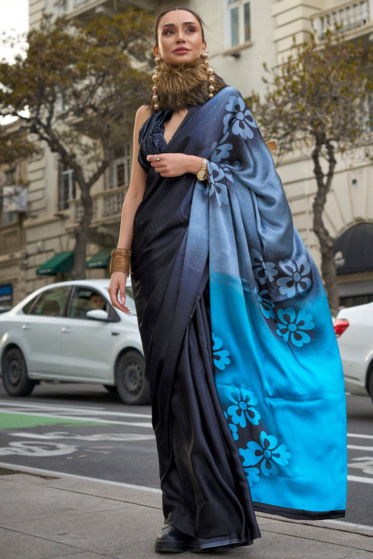Black & Blue Satin Silk Saree With Blouse Piece Black & Blue Satin Silk Saree With Blouse Piece