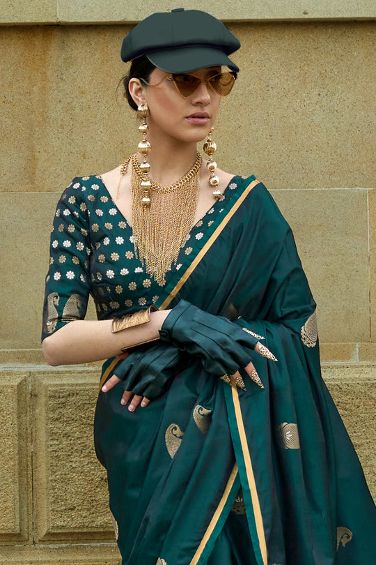 Green Banarasi Silk Saree With Blouse Piece Green Banarasi Silk Saree With Blouse Piece