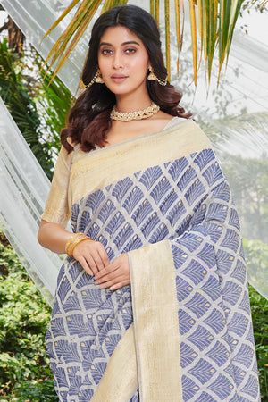 Blue Cotton Thread Work Saree With Blouse Piece