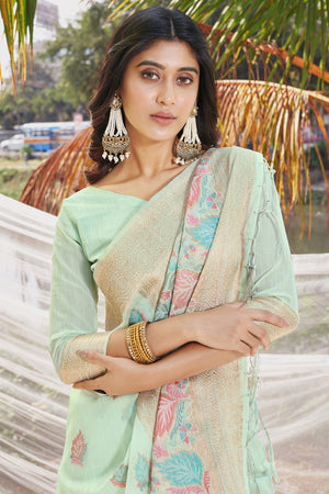 Sea Green Cotton Saree With Blouse Piece