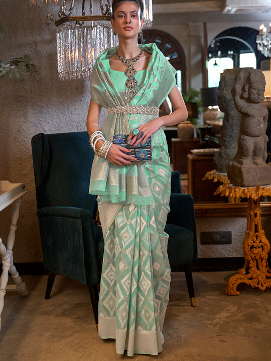 Green Linen Blend Saree With Blouse Piece Green Linen Blend Saree With Blouse Piece