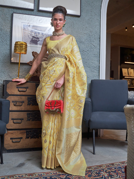 Yellow Linen Blend Saree With Blouse Piece Yellow Linen Blend Saree With Blouse Piece