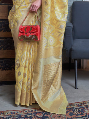 Yellow Linen Blend Saree With Blouse Piece